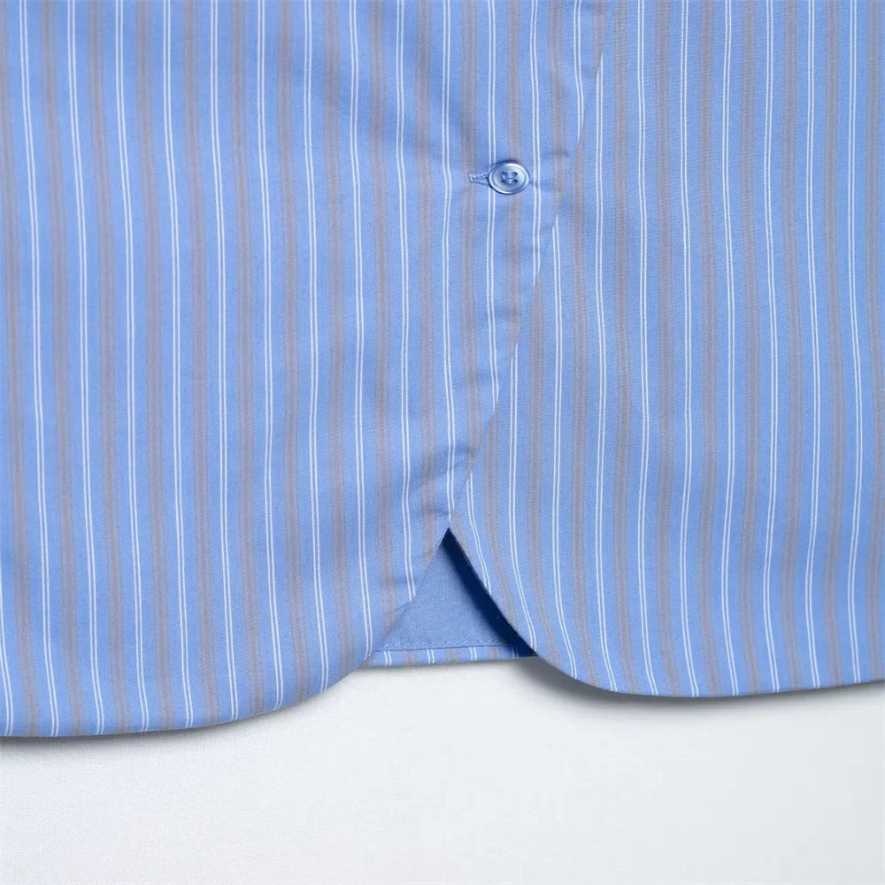 Womens Light Blue Pinstripe Suit Set with Sleeveless Asymmetric Vest and Wide Leg Pants for Stylish Office Attire