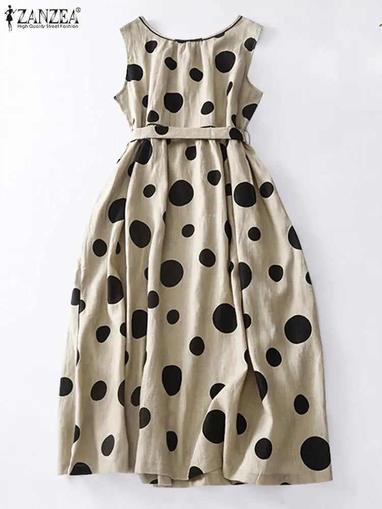 Polka Dot Kaftan Dress For Women Belted Waist Sleeveless