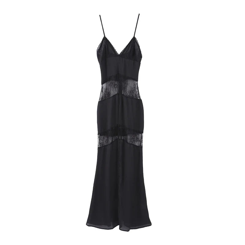 Black Backless Lace Maxi Dress For Women See Through