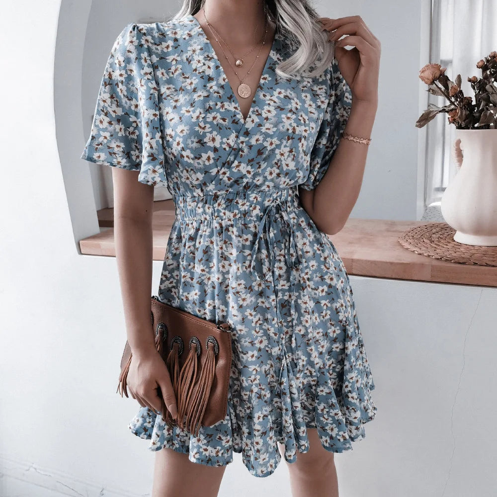 Summer Floral Dress With Bubble Sleeves V Neck A Line