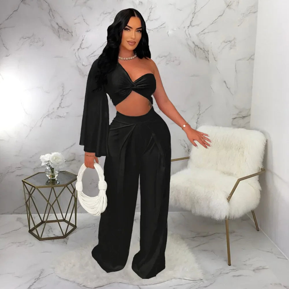 Women's Ruched One Shoulder Sleeve Crop Top and Wide Leg Pants Two Piece Set Outfit