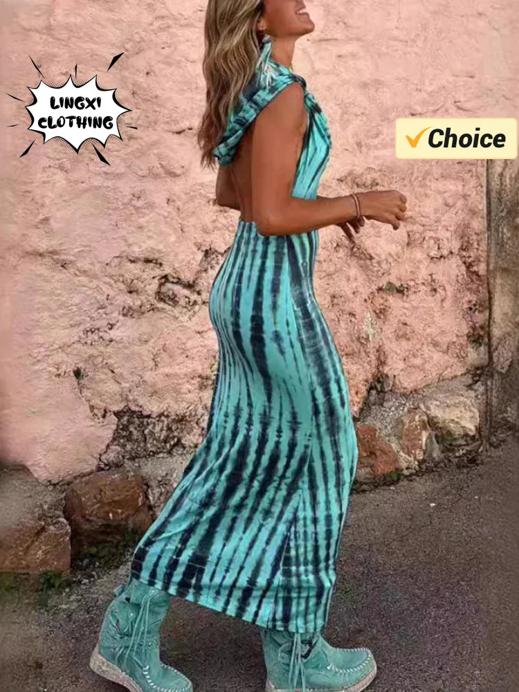 Open Back Maxi Dress Hooded Tie Dye Ethnic Style Chic