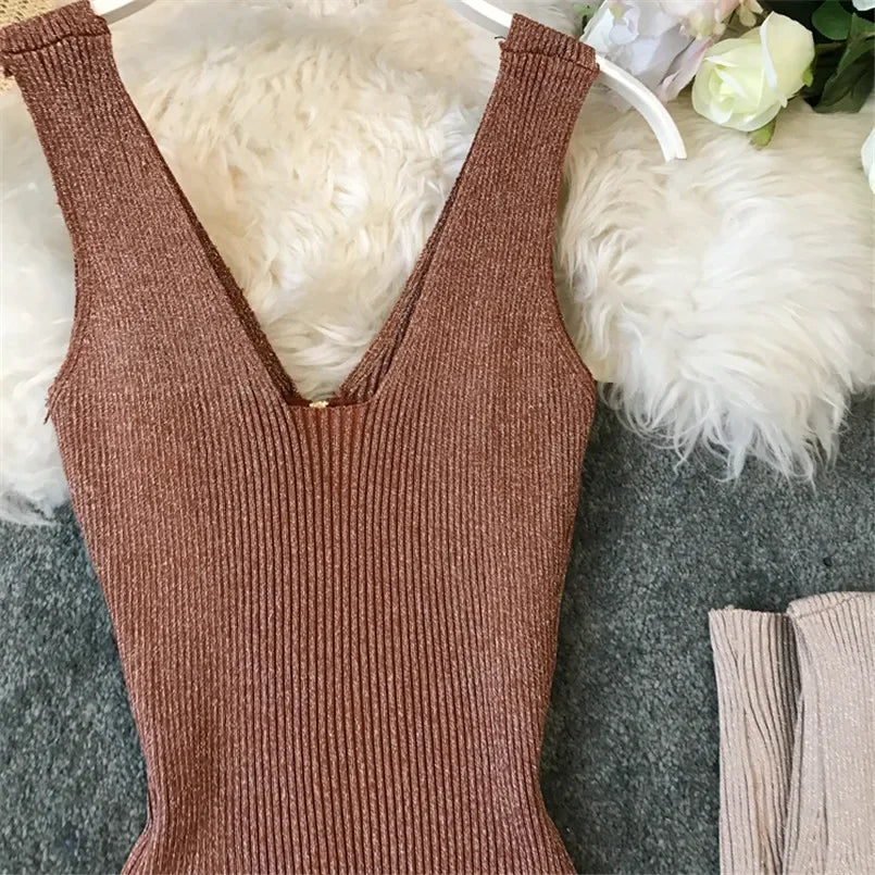 Sexy Zipper V Neck Knit Bodycon Midi Dress For Summer