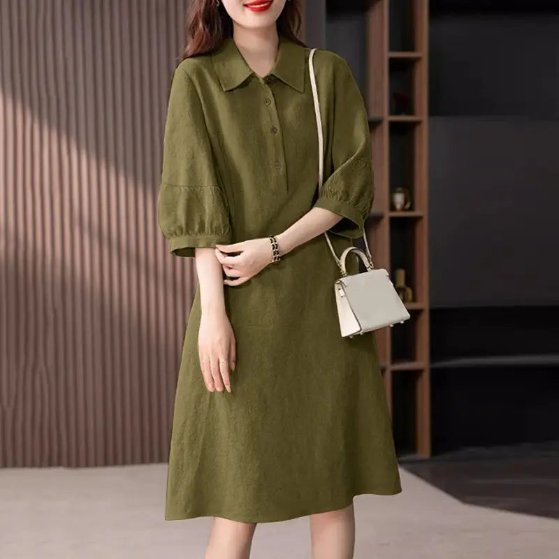 Women Cotton Shirt Dress Midi Three Quarter Sleeve Elegant