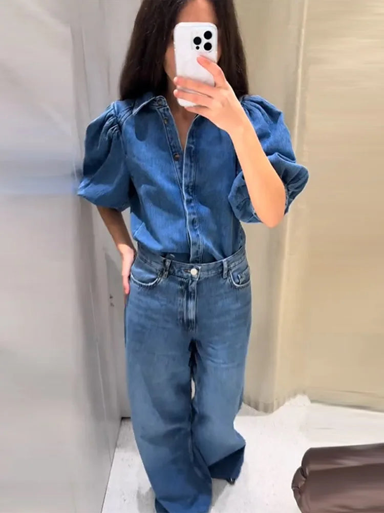 Street Denim Women's Puff Sleeve Shirt Solid Color Single Breasted Pleated Blouse Casual Half Sleeve Top for Spring and Summer