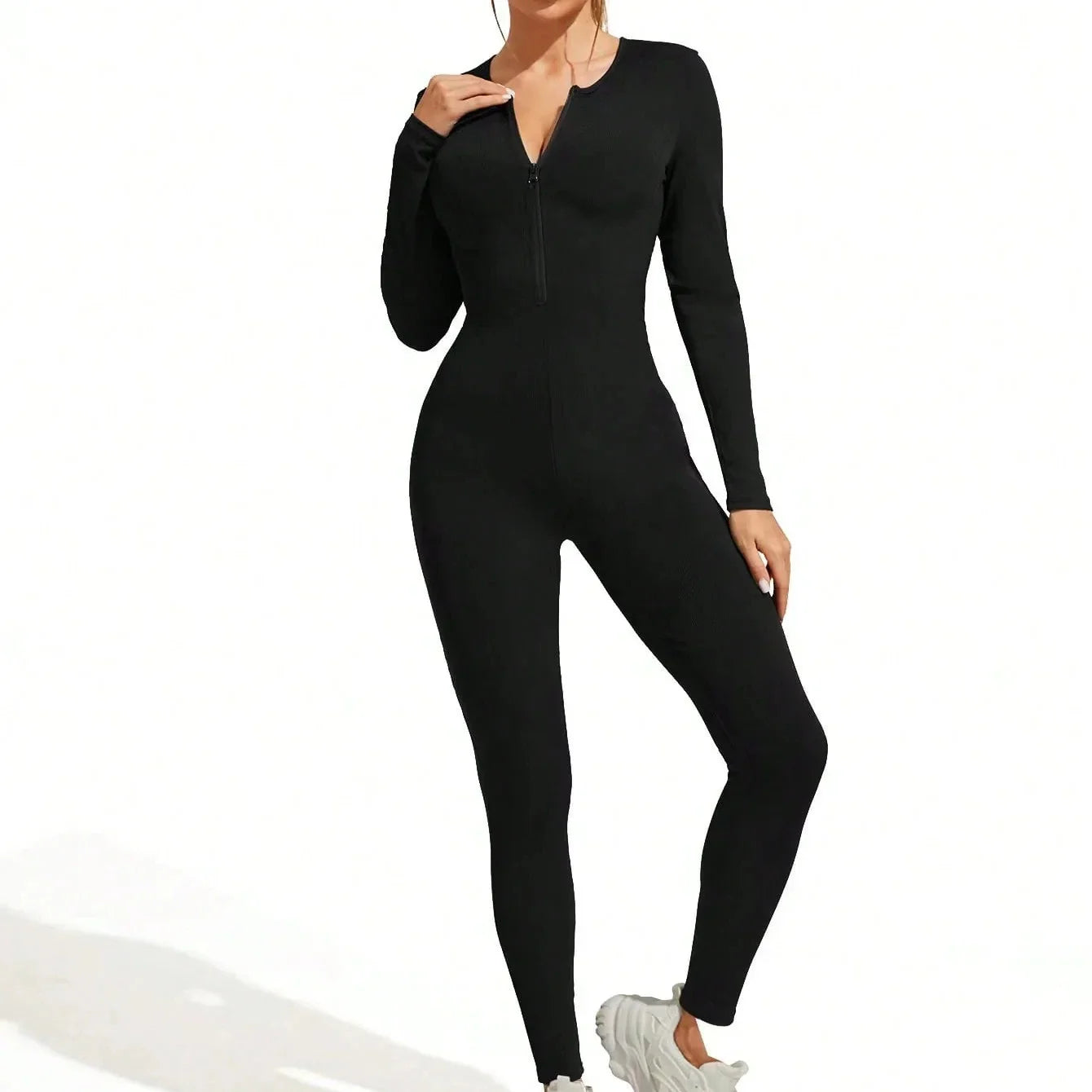 Sexy Ribbed Long Sleeve Zipper Bodysuit for Women Solid Color Bodycon Sporty Romper Jumpsuit