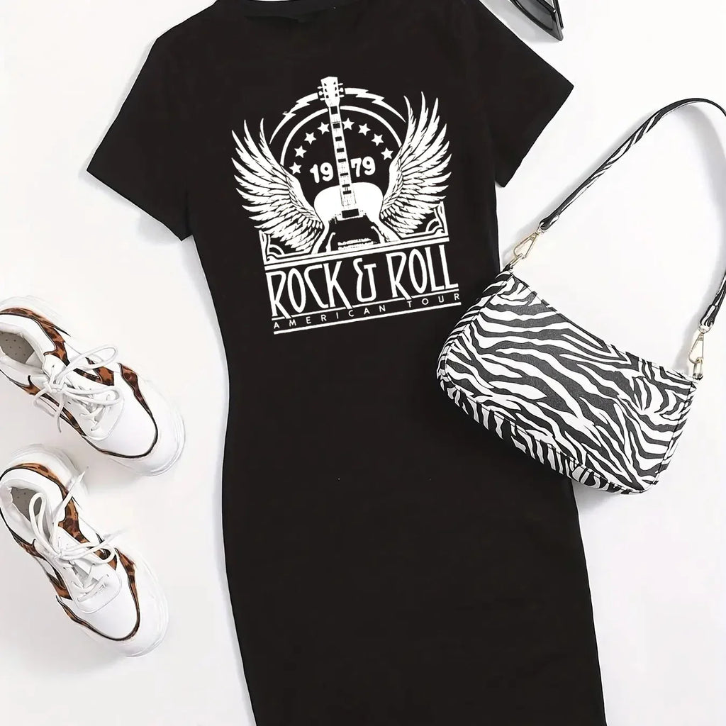 Summer Rock and Roll Print Short Sleeve T Shirt Dress