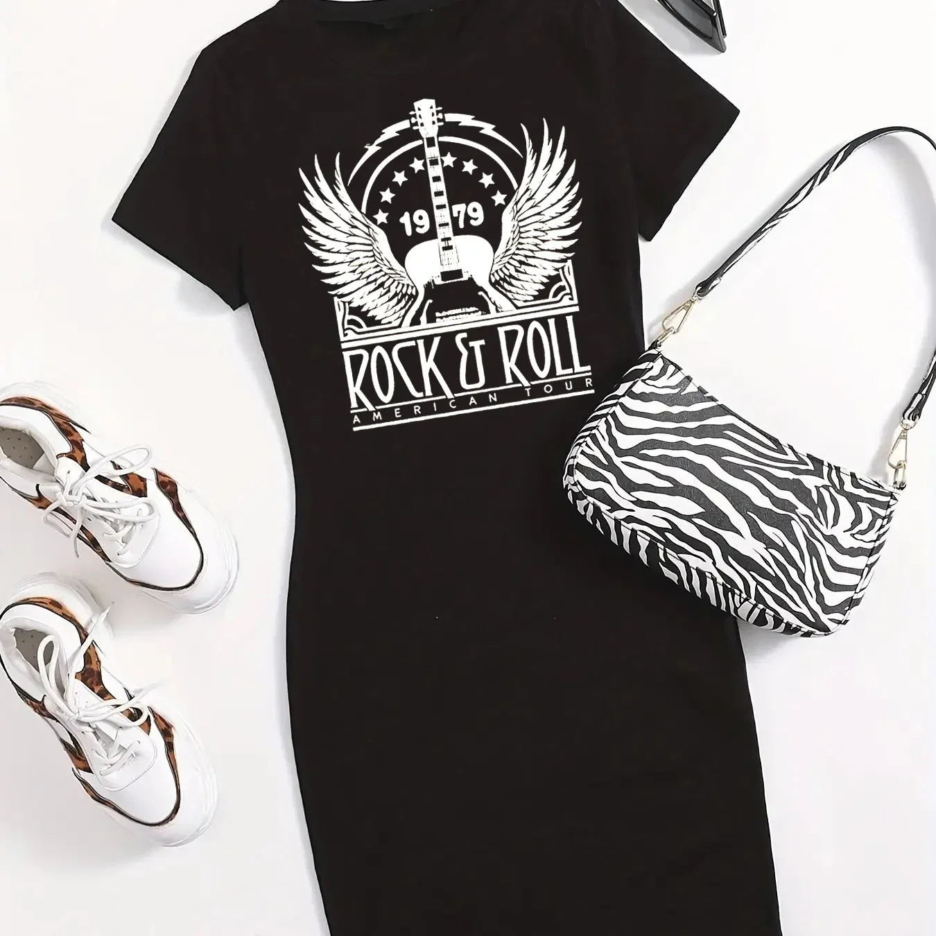 Summer Rock and Roll Print Short Sleeve T Shirt Dress
