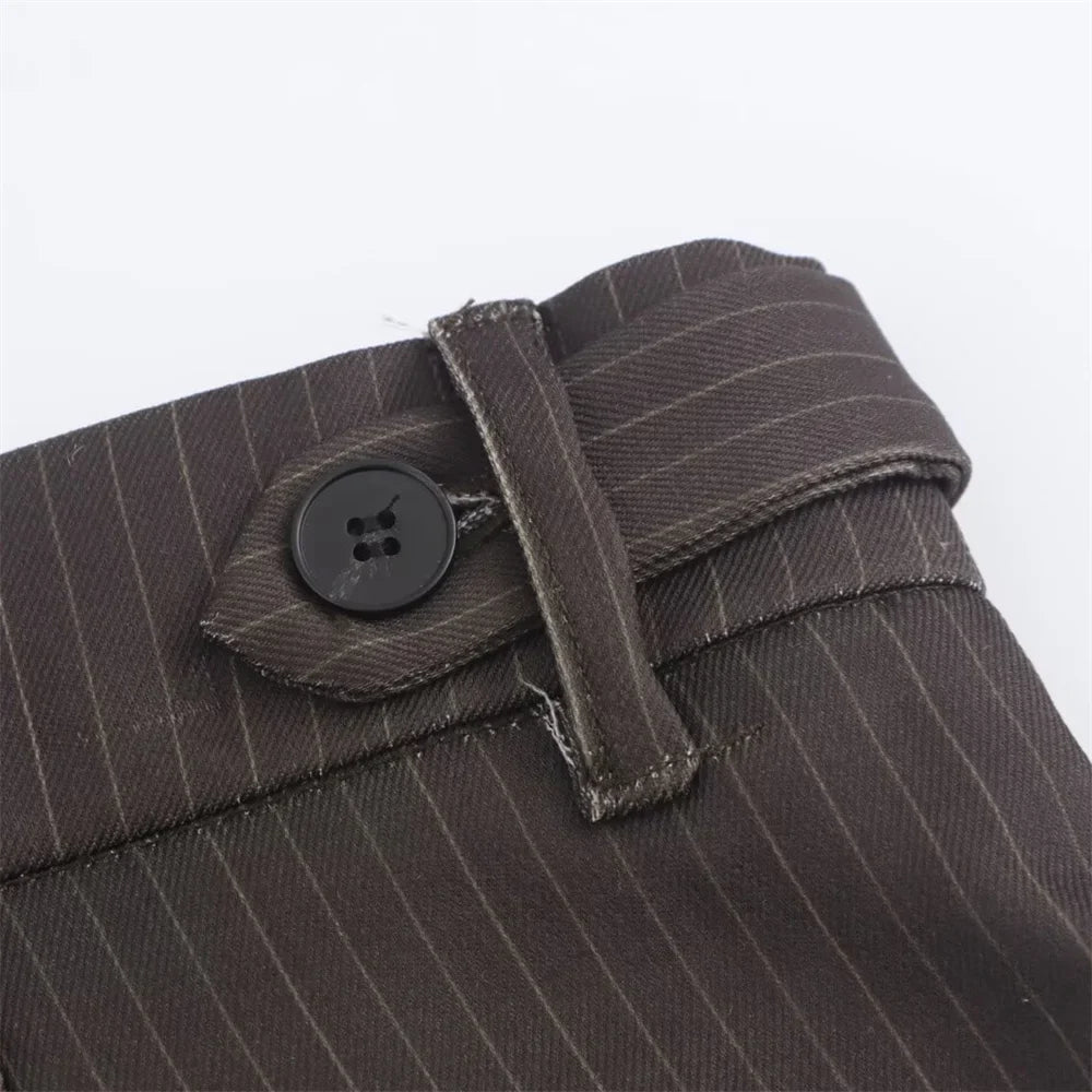 Autumn Women's Fashion Striped Loose Suit Coat with Buckle Decoration and High Waist Striped Pants Set