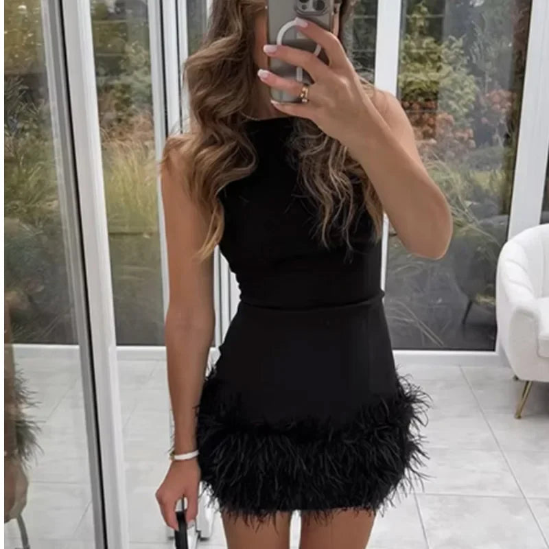 Black Feathered Bodycon Dress For Women Sleeveless Mini