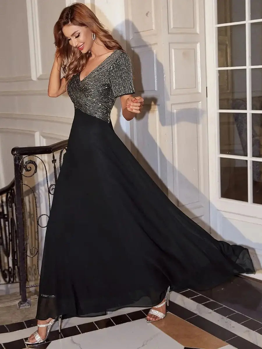 Black V Neck Sequin Crossover Maxi Dress For Evening