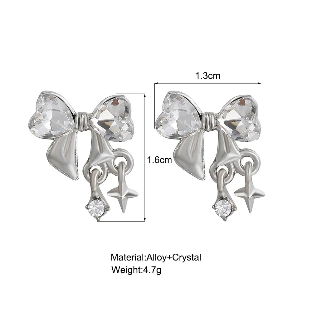 Y2K Bowknot Zircon Stud Earrings for Women with Pink Crystals in Silver Color Fashion Jewelry