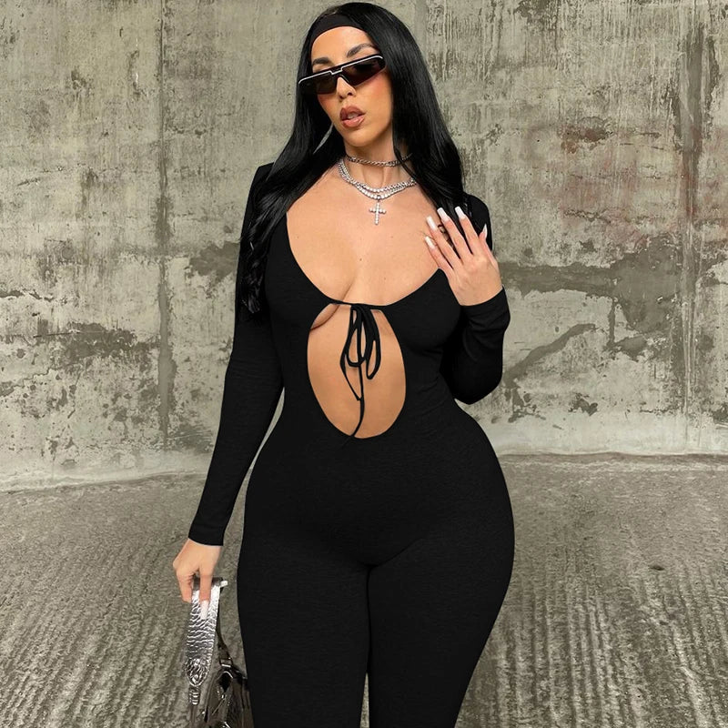 Solid V Neck Long Sleeve Hollow Out Lace Up Sexy Bodycon Jumpsuit Women's Fashion Streetwear Sporty Romper Overalls for Fall