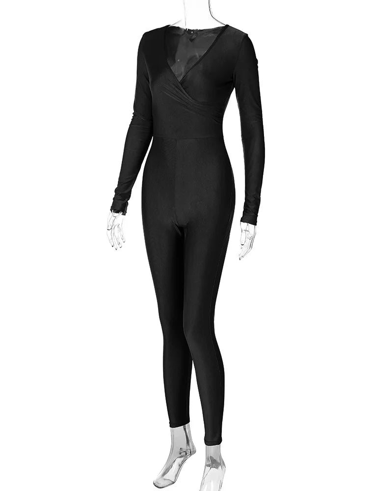 V Neck Long Sleeve Ruched Bodycon Skinny Jumpsuit Sexy Solid Color Party Romper Overalls Y2K Fashion Vacation Wear