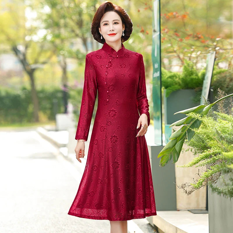 Elegant Lace Dress For Women With Qipao Collar A Line Long