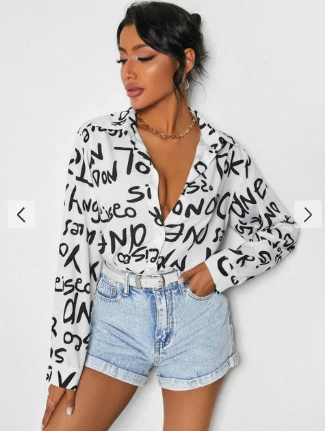 Women's Casual Letter Print Button Front Shirt Long Sleeve Lightweight Top for Spring and Fall