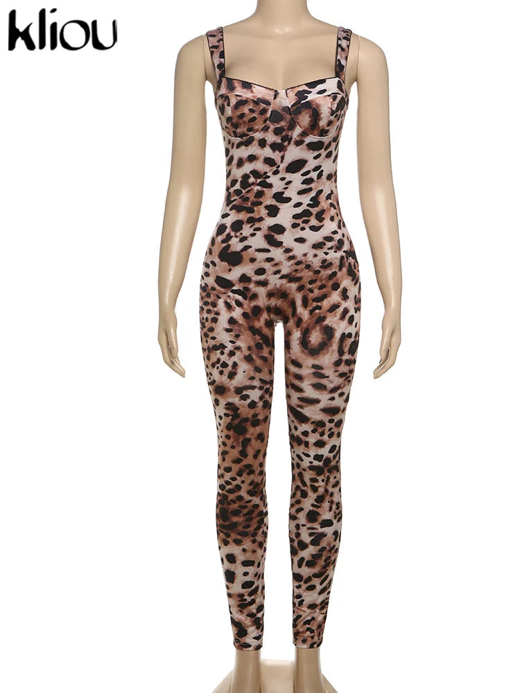 Leopard Print Women Jumpsuit Sexy Low Neck Spaghetti Strap Skinny Fit Clubwear Overalls