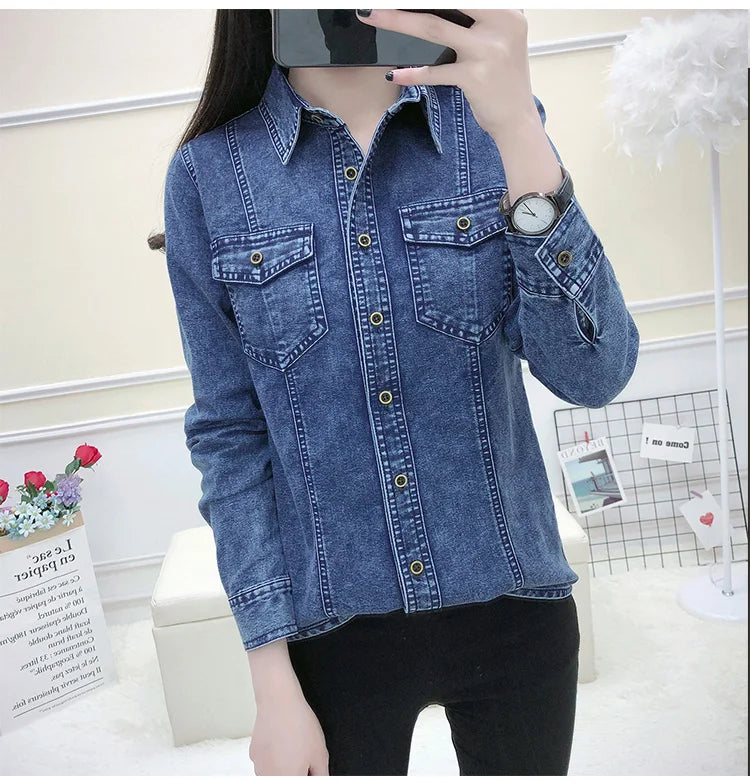 Women's High Quality Denim Shirt Long Sleeve Single Button Blouse with Pockets Casual Korean Style Autumn Winter Top