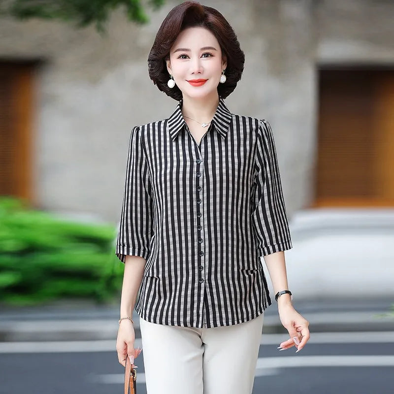 Elegant Plaid Print Loose Fit Button Down Shirt for Women with Turn Down Collar and Casual Half Sleeves Versatile Ladies Blouse Top for Everyday Wear