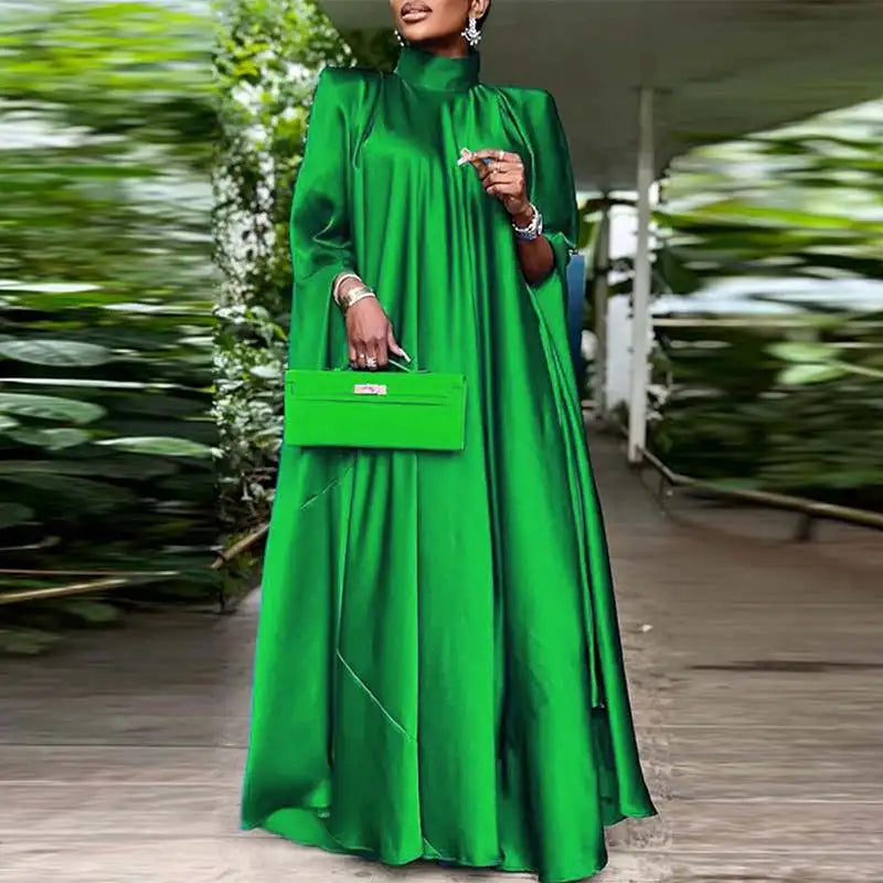 Satin Pleated Evening Dress With Stand Collar Long Sleeve