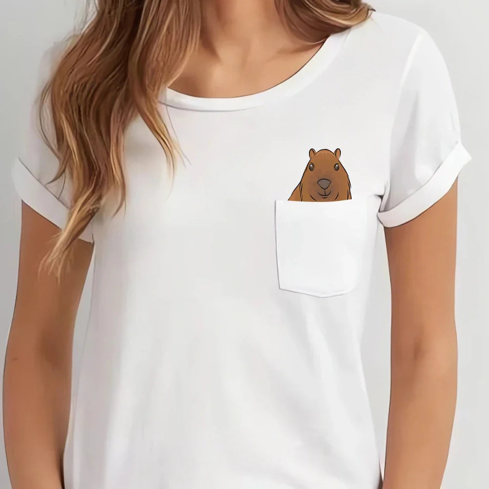 Funny Cotton Capybara T-Shirt with Double Middle Finger Print for Men and Women Short Sleeve Hip Hop Tops