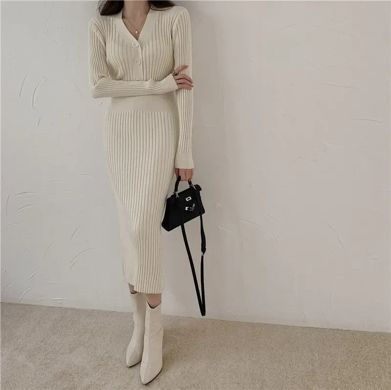 Knit V Neck Women Sweater Dress Long Sleeve Bodycon Office