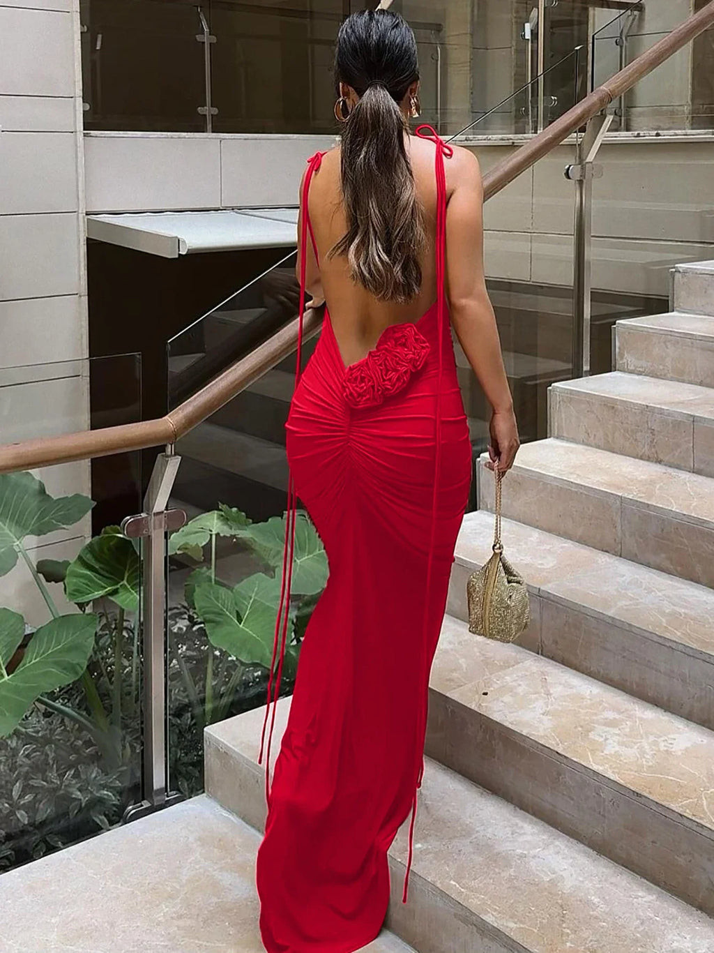 Backless Maxi Dress With Lace Up Spaghetti Straps Evening