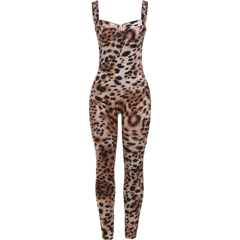 Weird Puss Sexy Sleeveless Leopard Print Jumpsuit for Women Stretch Fit Streetwear Workout Overalls