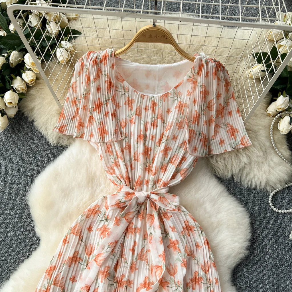 Retro Floral Chiffon Midi Dress With Ruffle Details