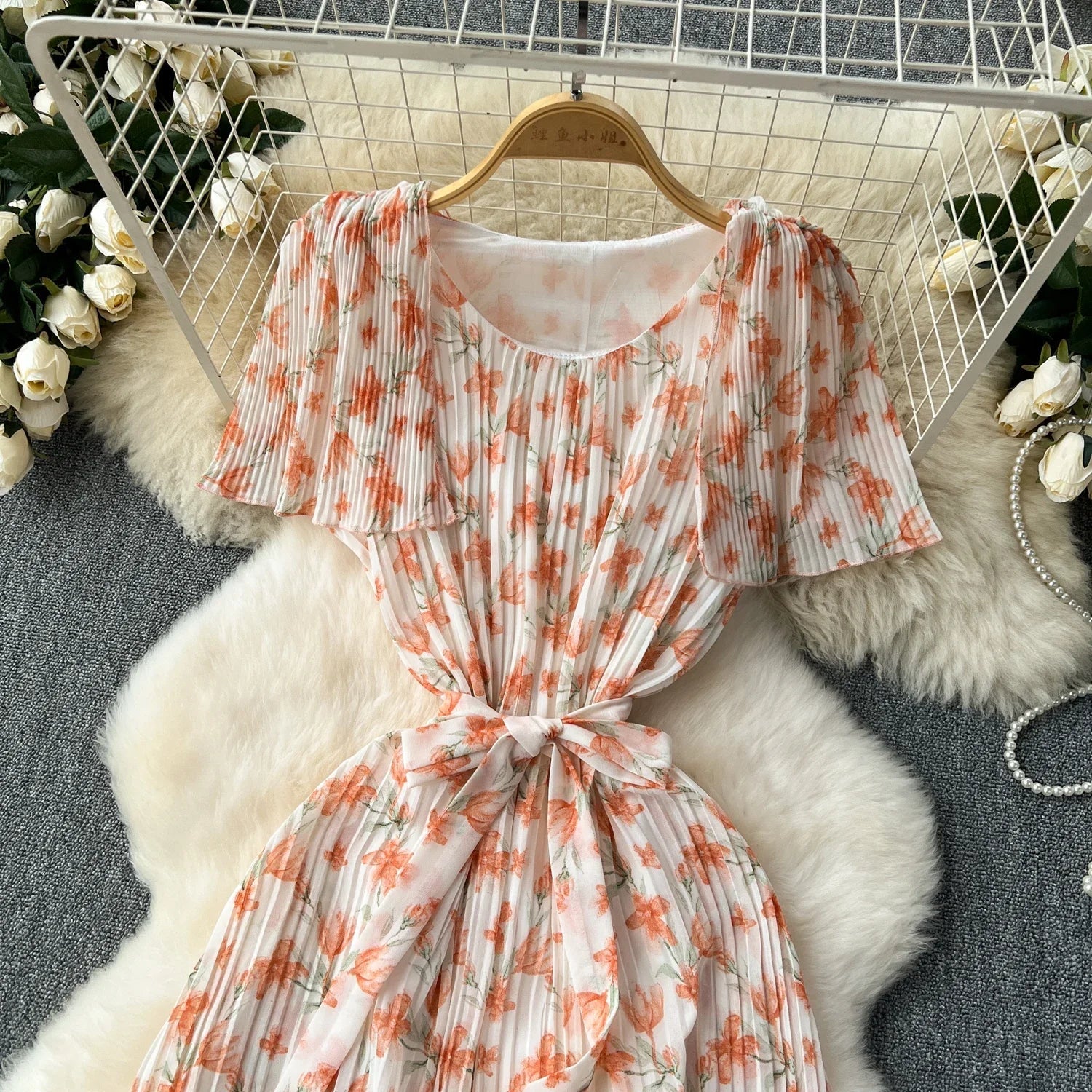 Retro Floral Chiffon Midi Dress With Ruffle Details