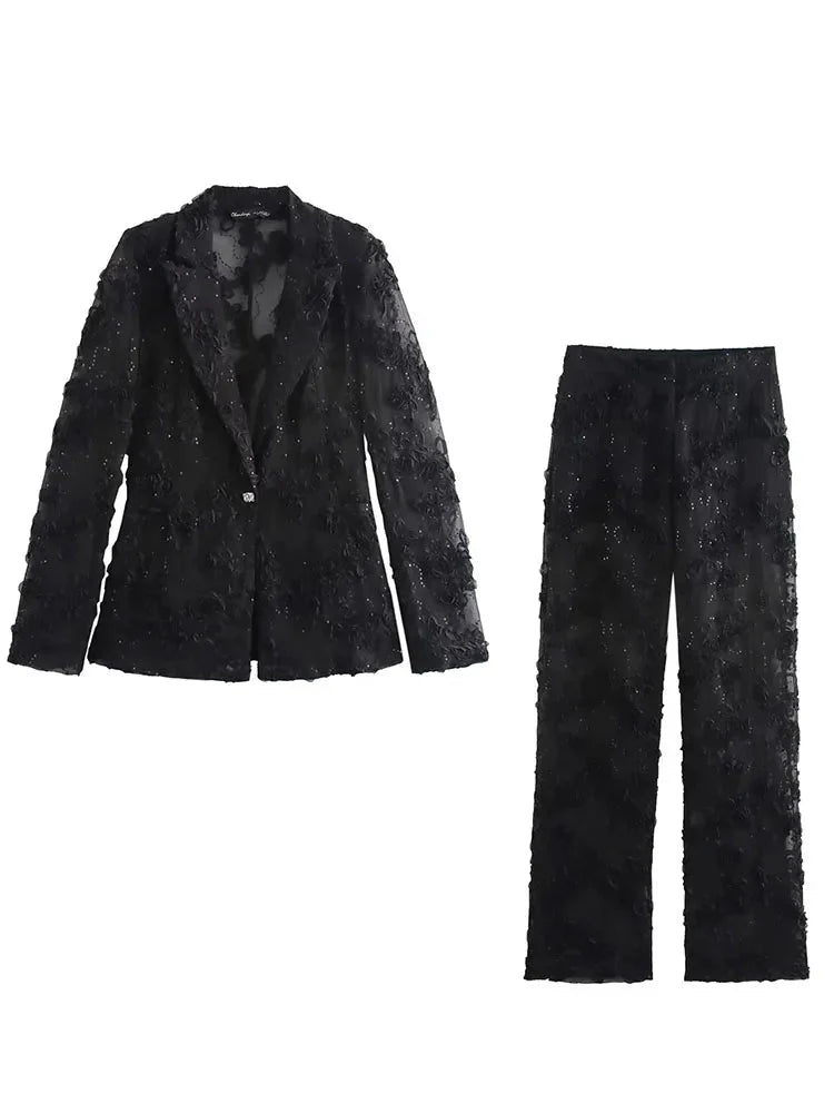Sequin Two Piece Set for Women with Translucent Blazer Coat and Elegant Pants Stylish Party Outfit