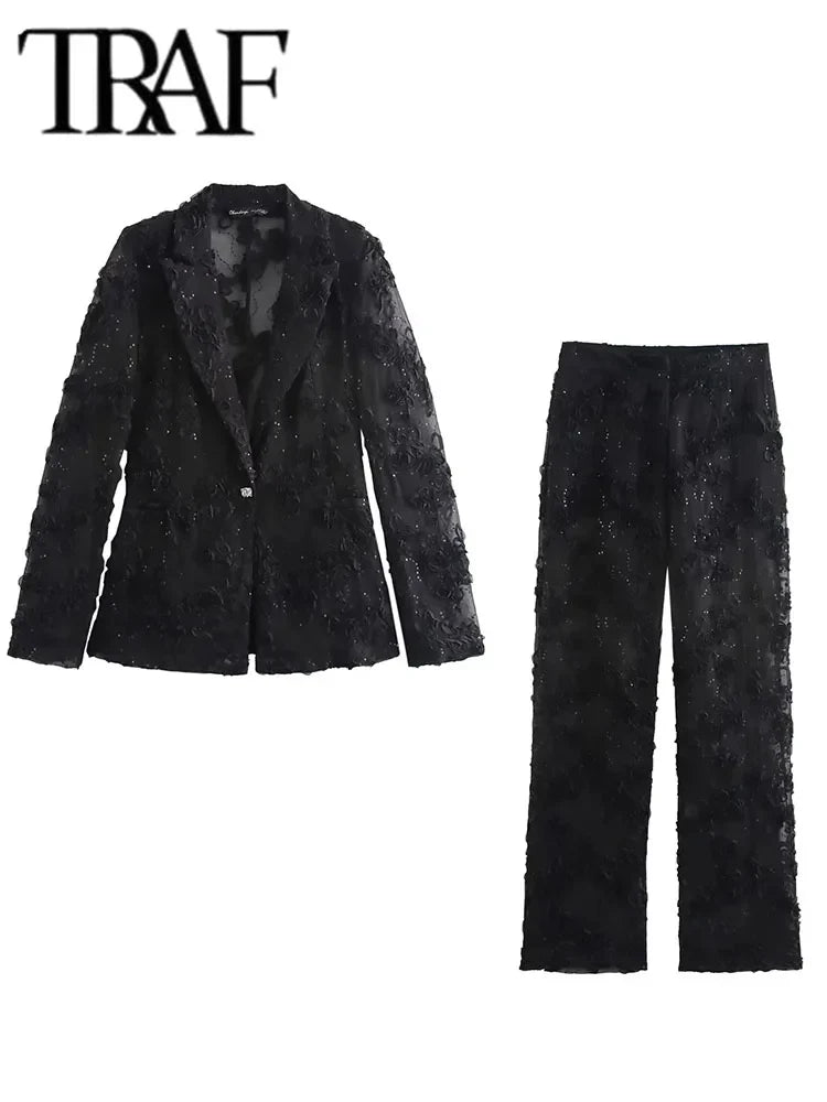 Sequin Two Piece Set For Women With Blazer Coat Elegant