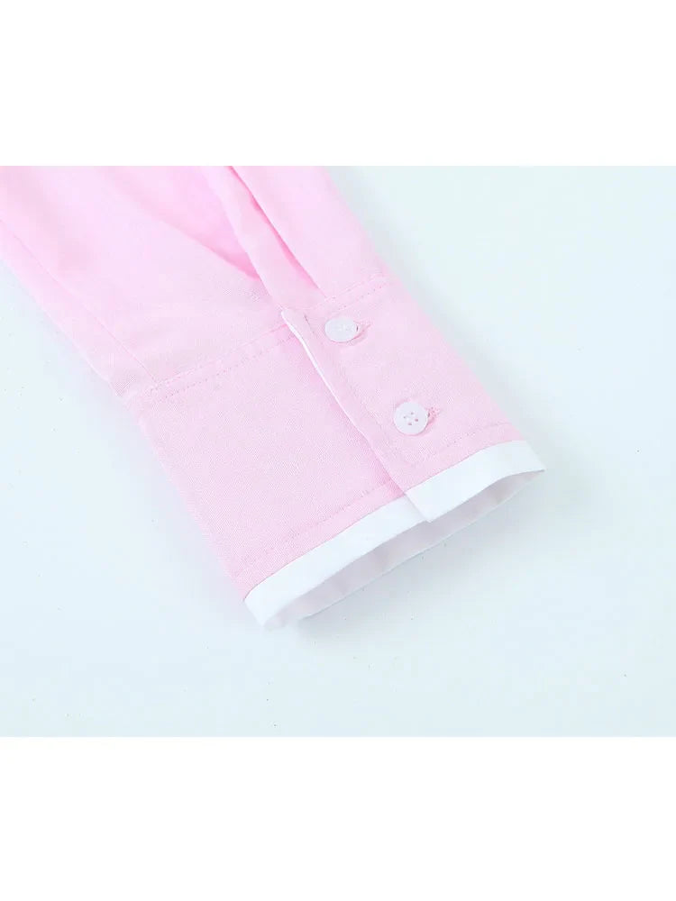 Women's Pink Patchwork Cropped Shirt Long Sleeve Button-Up Blouse Trendy Streetwear Top for Ladies
