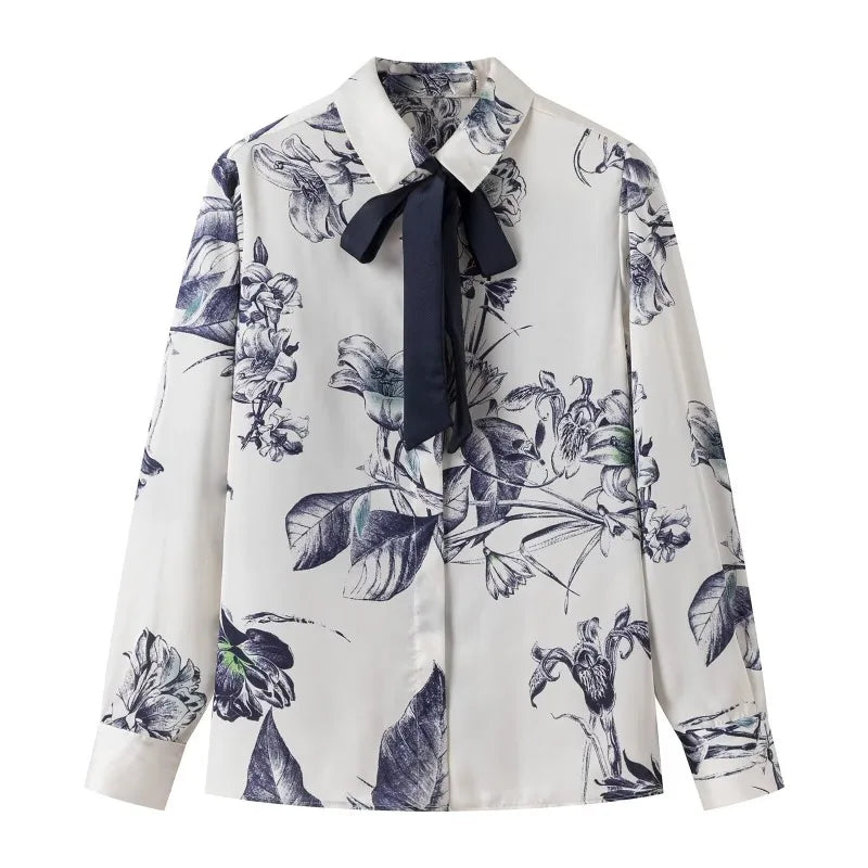 Women's Bow Tie Printed Blouse with Polo Collar Long Sleeve Single Breasted Vintage Loose Fit Elegant Shirt Top