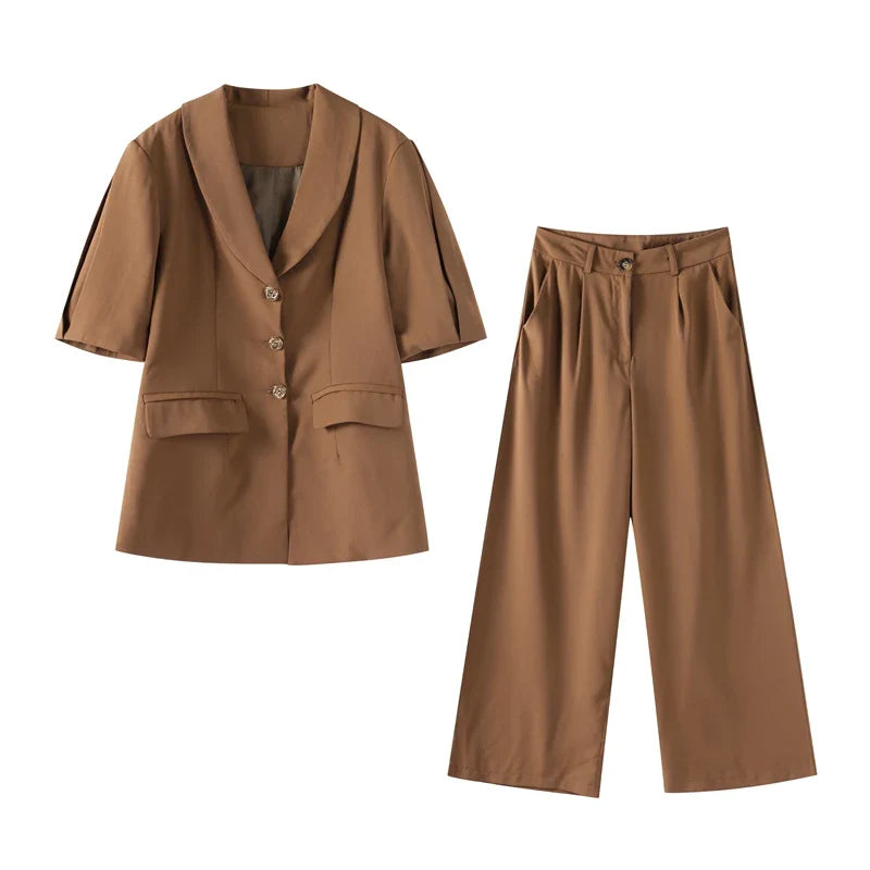 Casual Women Blazer Pants Suit with Slim Lapel Puff Sleeves and Wide Leg Trousers 2 Piece Outfit
