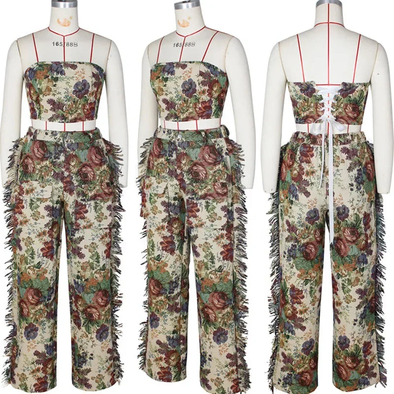 Floral Print Two Piece Set for Women with Strapless Crop Top and Side Tassel Wide Leg Pants for Y2K Birthday Parties