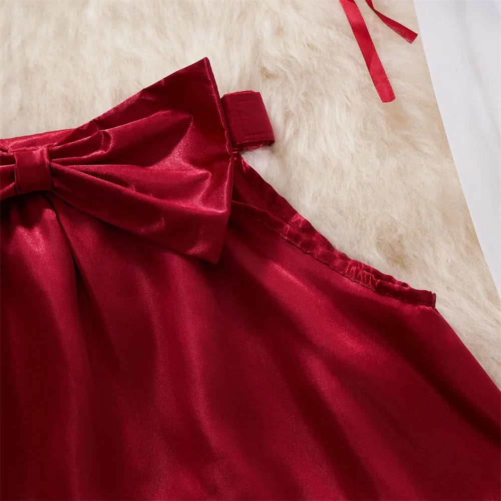 V-Neck Contrast Lace-Up Sheer Ruffle Petal Sleeve Crop Top with Sweet Bow and Red Mini Skirt Set Sexy Women's Sleepwear Pajama