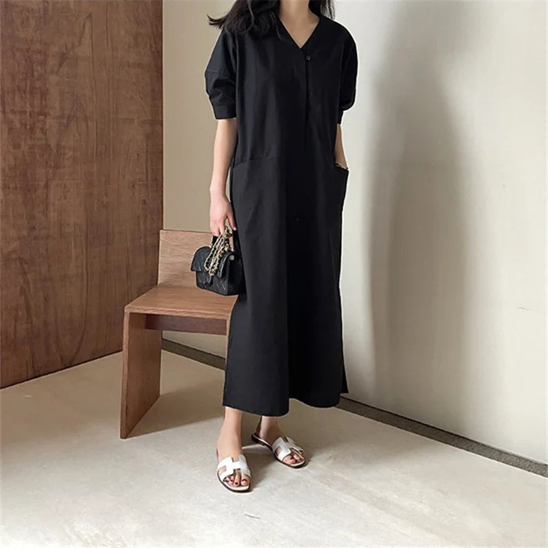 Korean Puff Sleeve Dress With Pockets High Waist V Neck