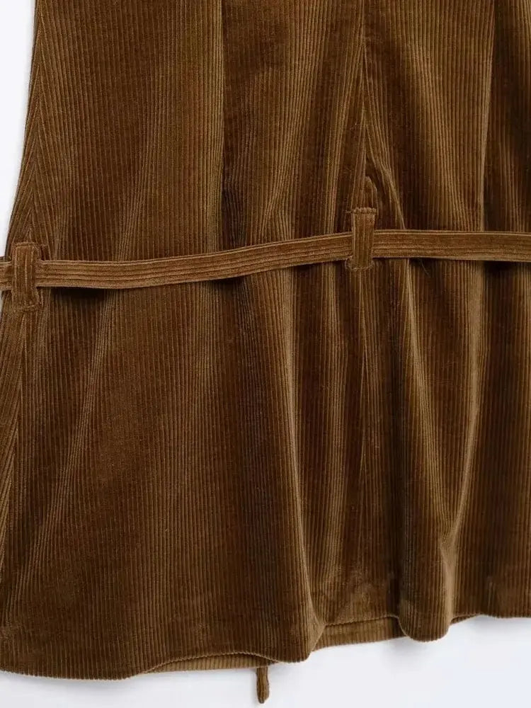 Corduroy Mini Dress With Belt O Neck Sleeveless Back Zipper