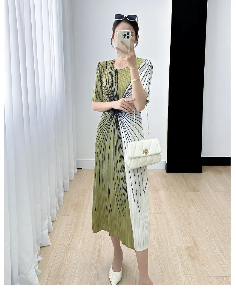 Women Pleated Dress Black White Print O Neck Short Sleeve