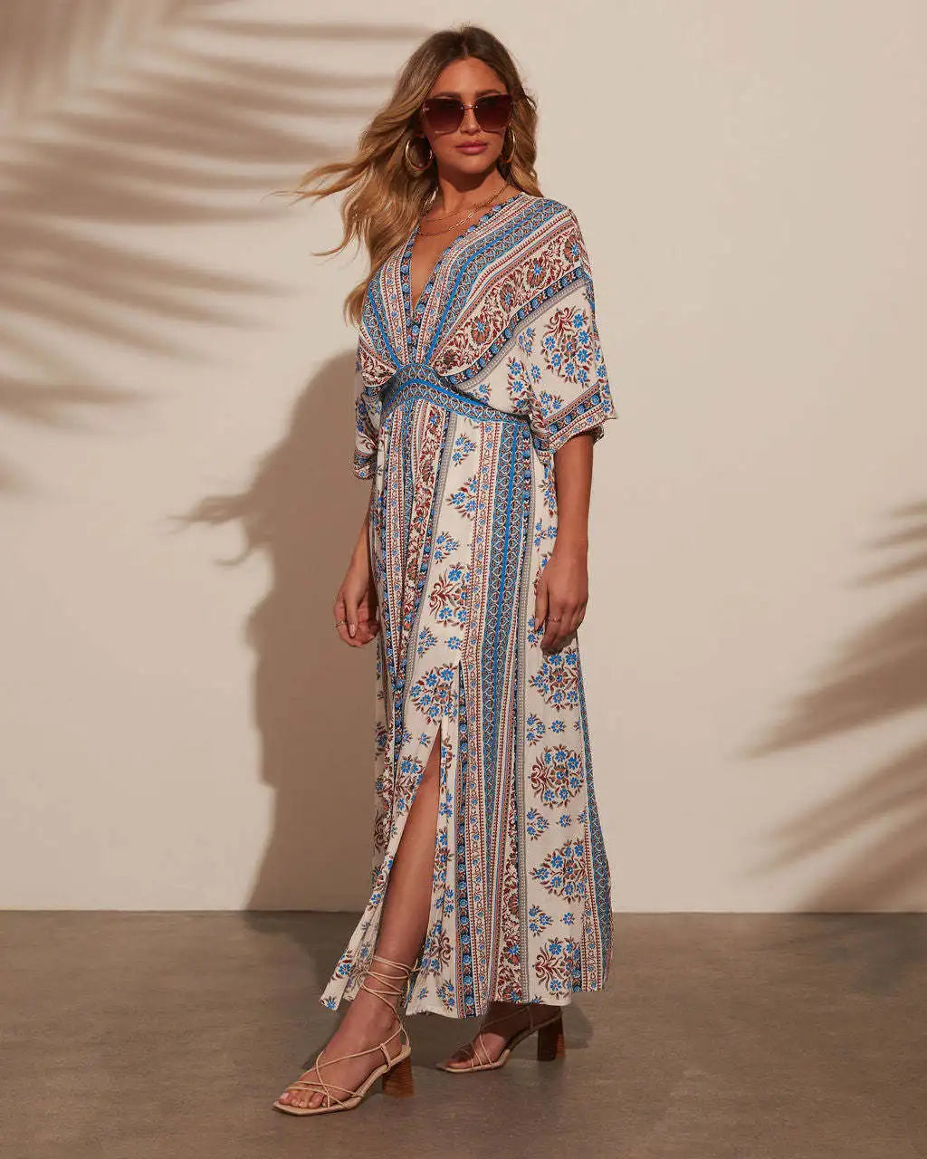 Bohemian Maxi Dress Printed V Neck Beach Vacation Style