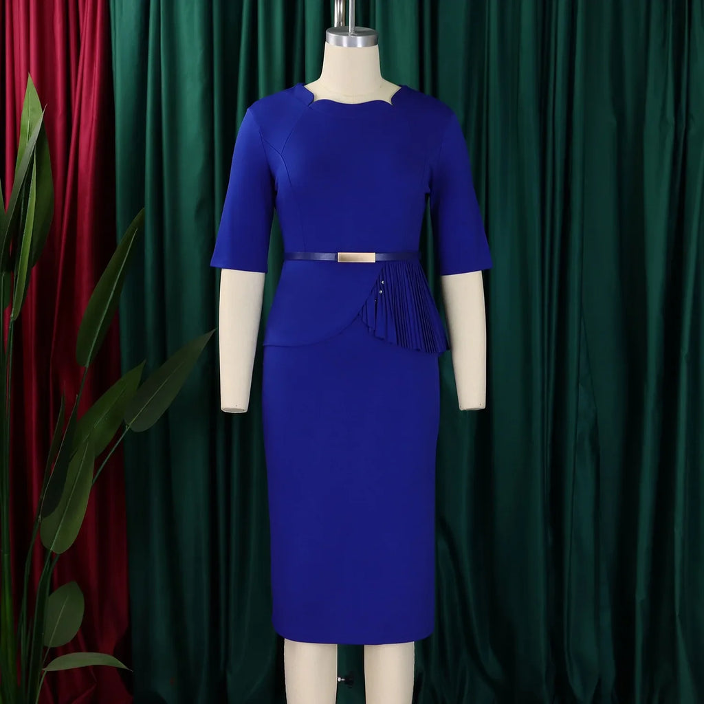 Women Square Neck Bodycon Midi Dress Belted For Work