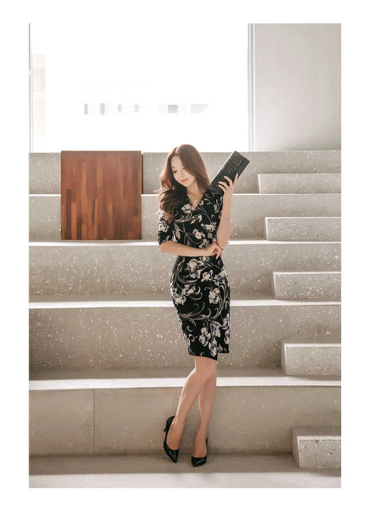 V-Neck Pencil Dress for Women Vintage Print Office Wear