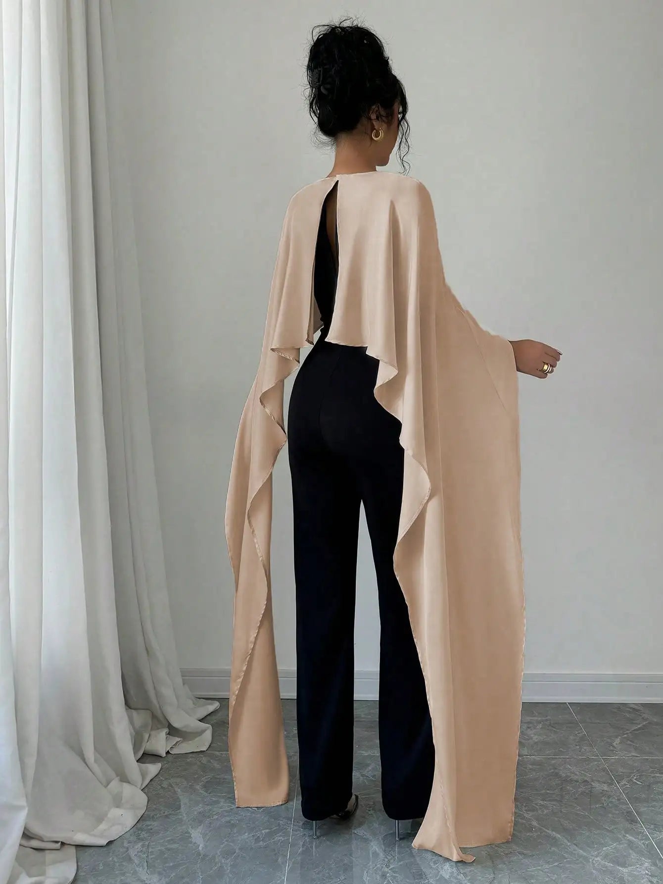 Elegant Womens Autumn Winter Jumpsuit with Fake Two Capes Patchwork Design Round Neck and Back Split