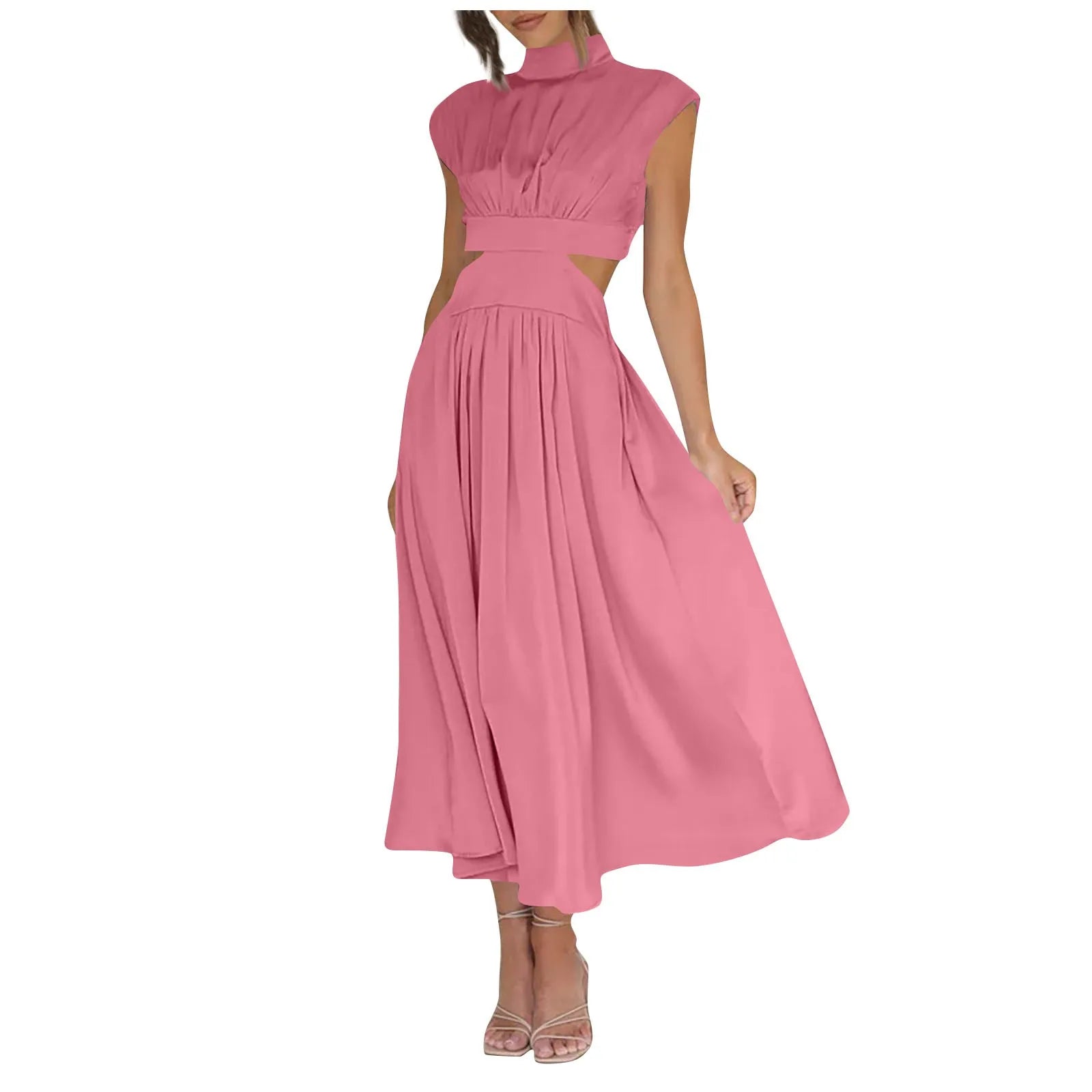 Solid Color High Waist Maxi Dress Sleeveless With Pockets