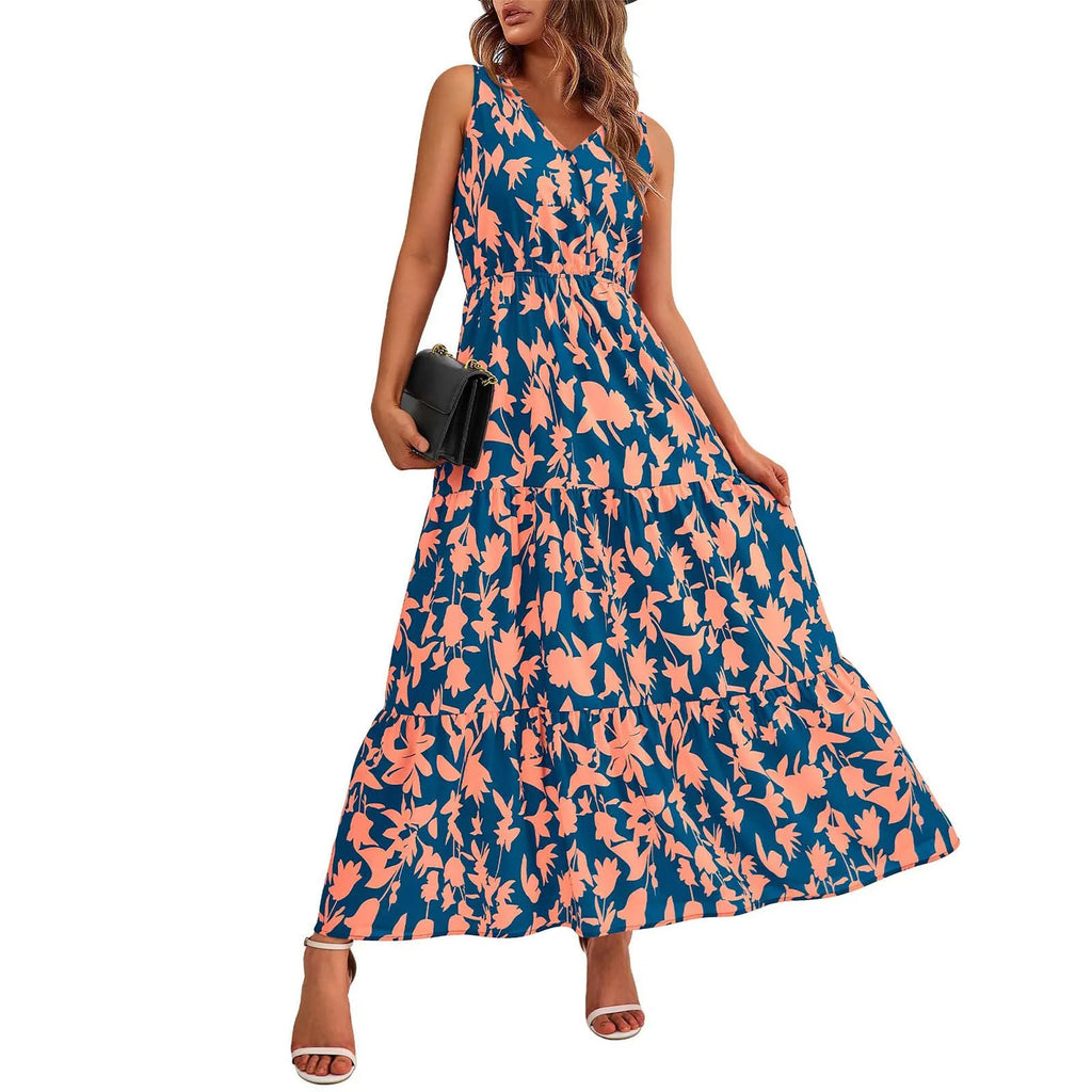 Floral Summer Dress With V Neck Suspender Flowing Fit