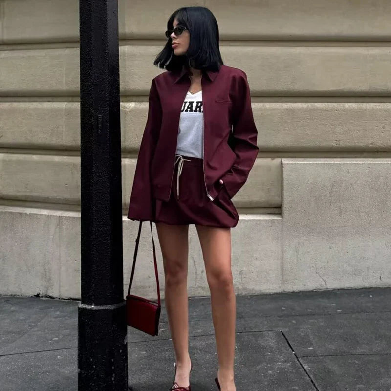 Women's Burgundy Skirt and Long Sleeve Jacket Set Elegant Mini Bow Lantern Sleeve Suit Autumn Outfit Stylish Two-Piece Matching Set