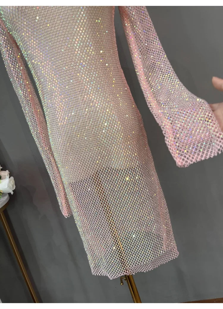 Rhinestone High Neck Glitter Party Dress Mid Length