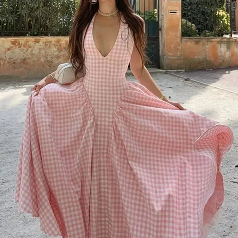 Backless Lace Up Halter Dress With Plaid Patchwork Design