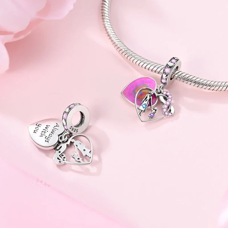 925 Sterling Silver Love Heart Family Charm Bead Pendant for Women's Bracelet Jewelry Gift